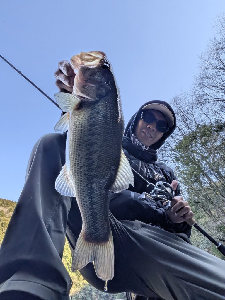 野村ダムで釣りあげたブラックバスの写真